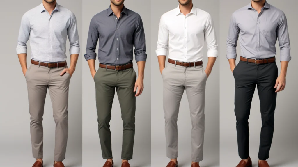 Men in gray pants with different colored shirts
