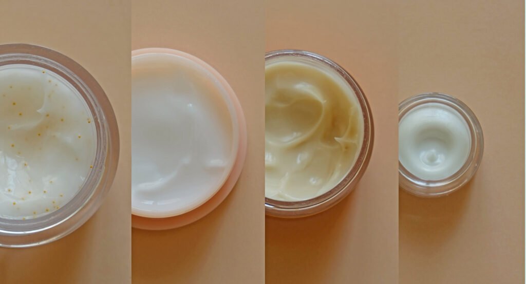 Collage of Plastic jars of beauty cream or mask for face care