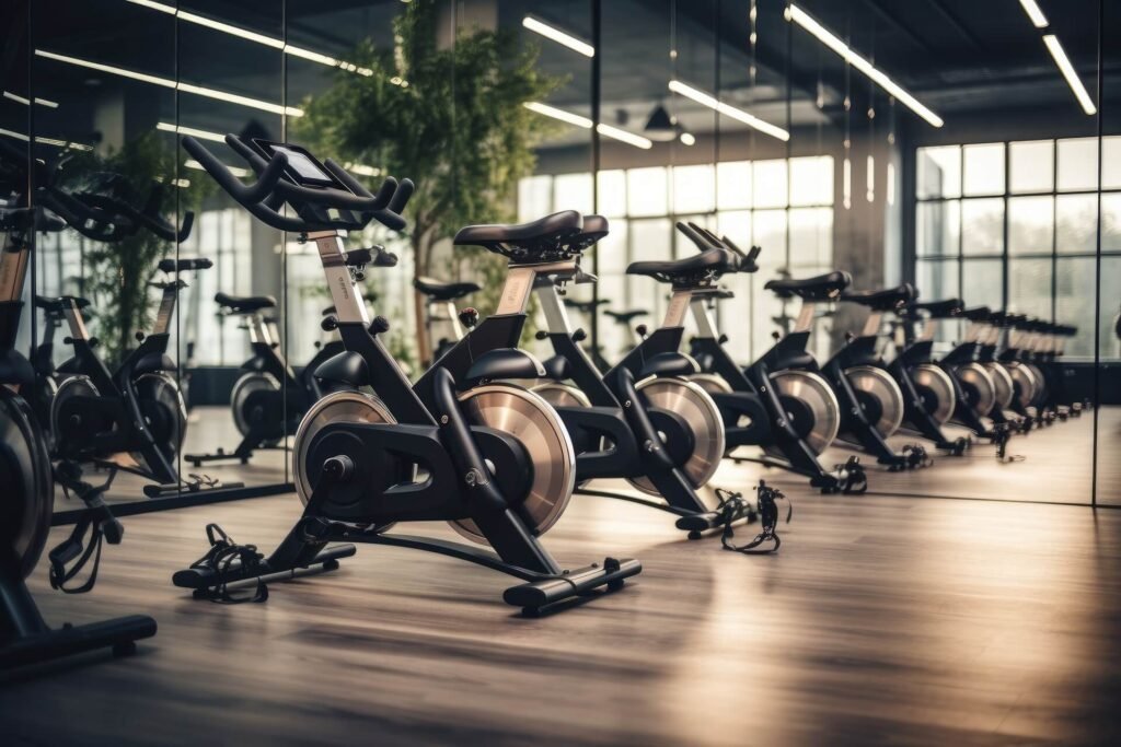 a set of stationary exercise bikes