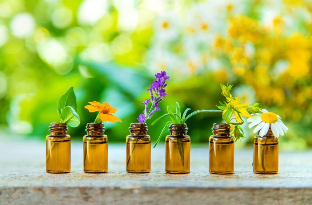 Essential Oils And Herbal Extracts In Small Bottles